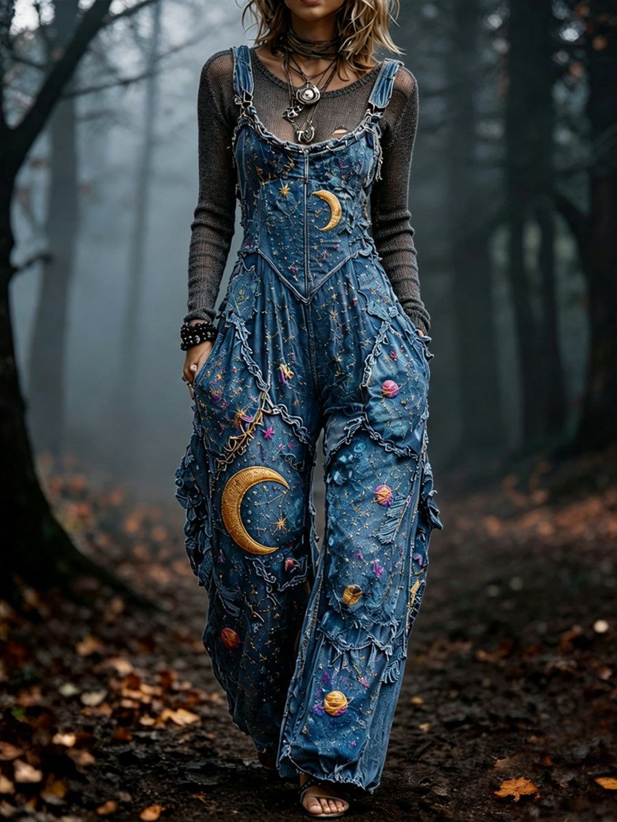 Women's Retro Autumn Style Art Print Washed Cotton Denim Patchwork Jumpsuit